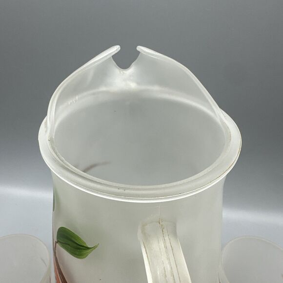 Vintage Gay Fad Hazel Atlas Frosted Pitcher Glass Set Stone Fruit Hand-Painted - Picture 7 of 11